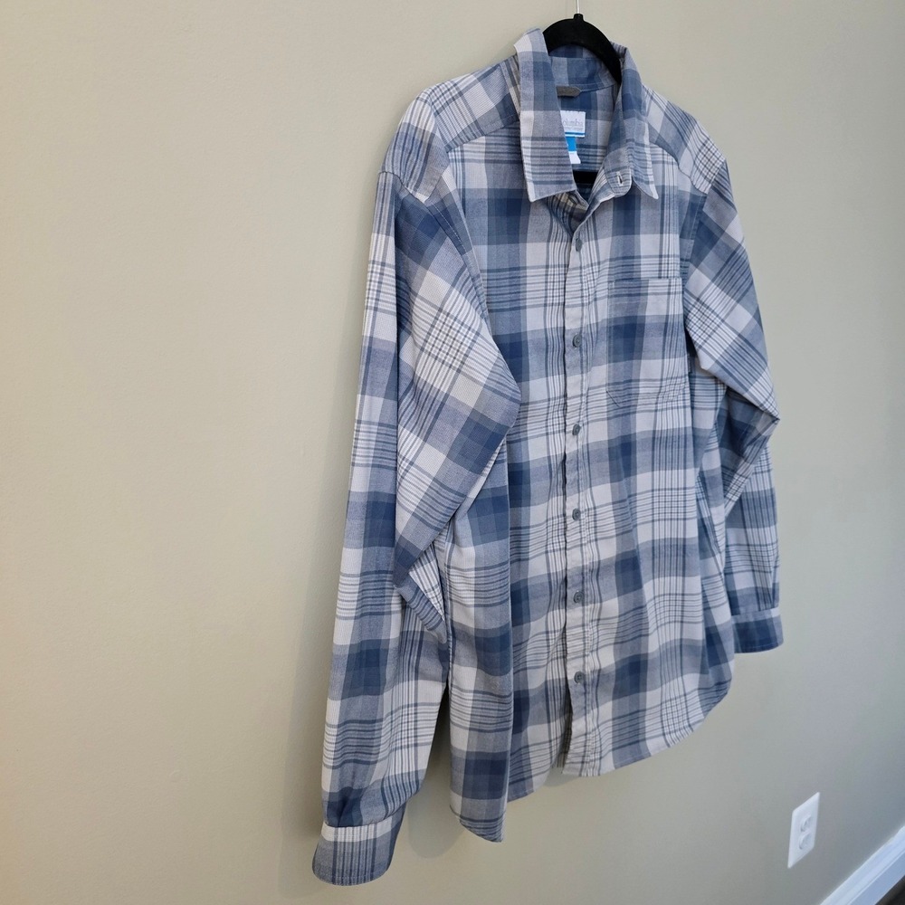 Columbia Mens L Blue White Plaid Button Front Utility Trail Hike Shirt Gorpcore - Picture 2 of 8